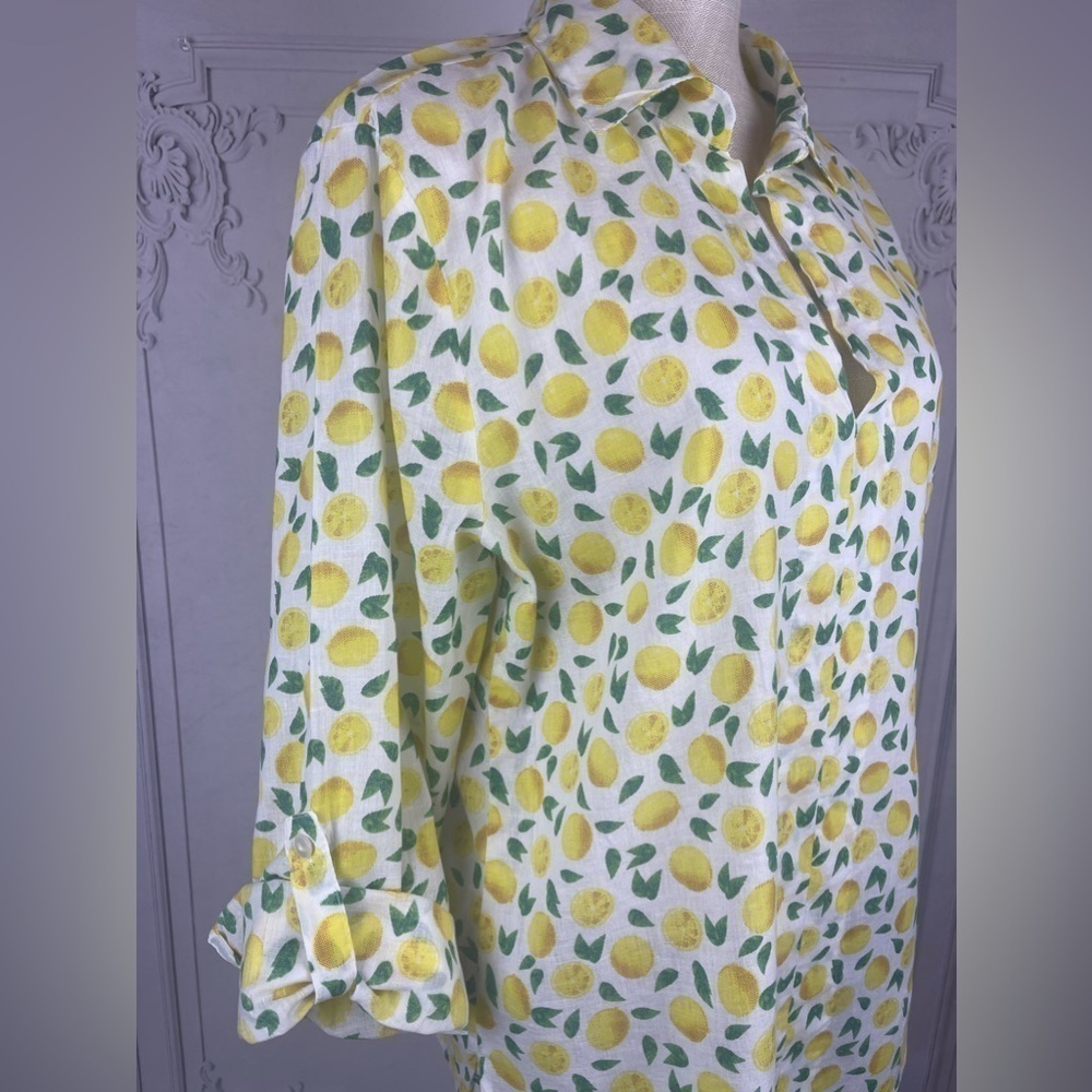 Casual V-Neck Cuffed Long Sleeves Cotton Blouse A-Line Lemon Print - Picture 5 of 11